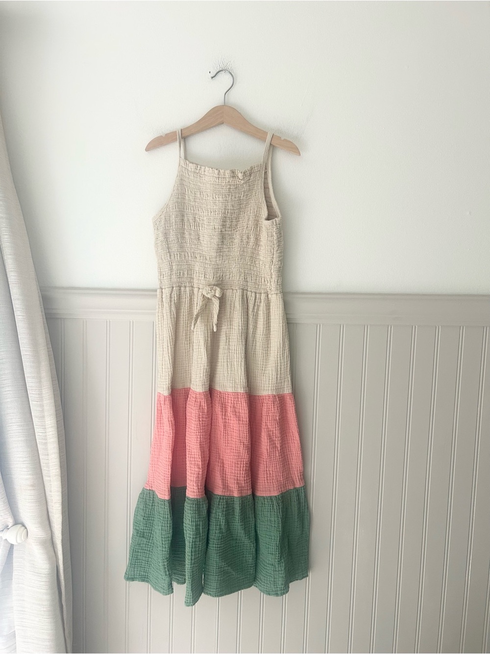 Bonnie Jean Cream Pink Green Tiered Sundress Colorblock Maxi Dress Size 10